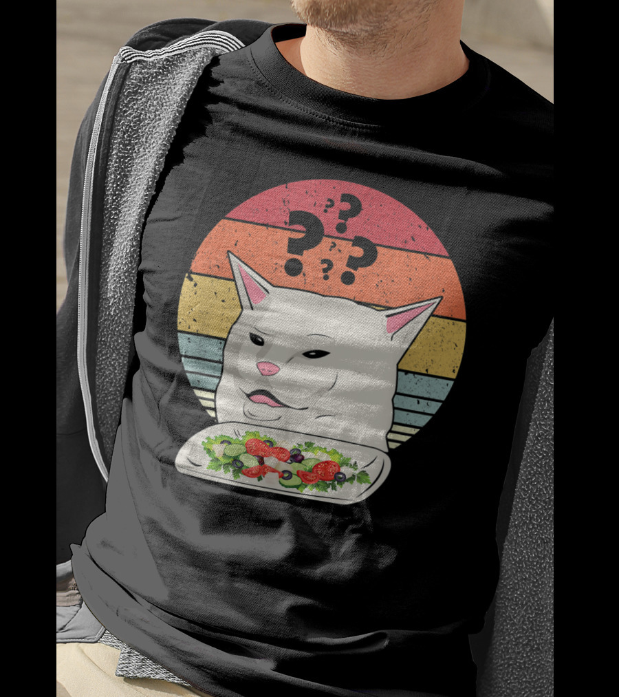 Cat Meme Confused Expression With Salad And Retro Color Stripes T-Shirt