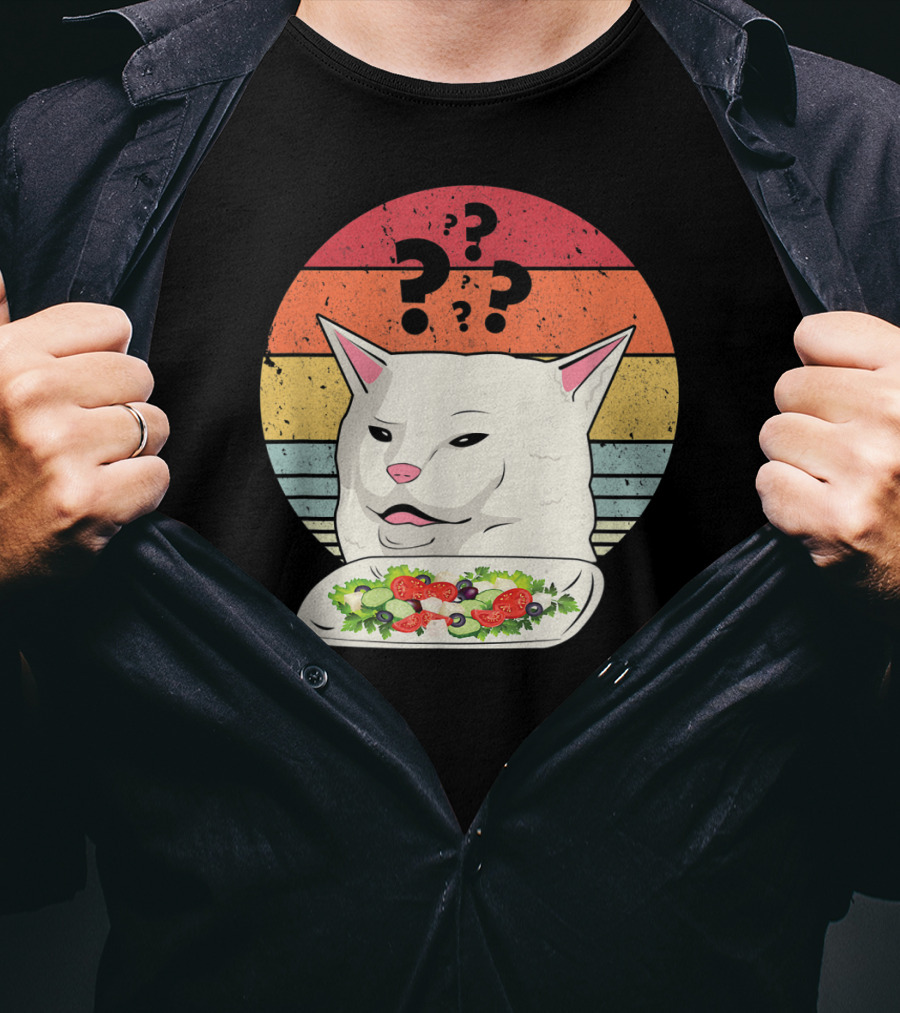 Cat Meme Confused Expression With Salad And Retro Color Stripes T-Shirt