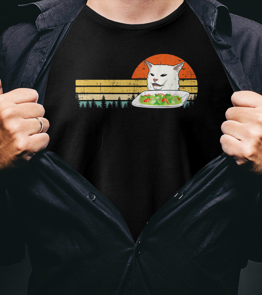Yelling Cat Meme Retro Sunset Salad Plate Forest Scene T-Shirt
