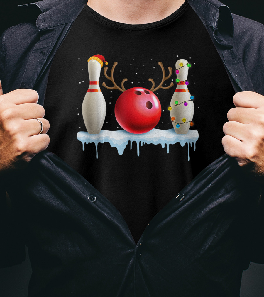 Christmas Santa Hat Reindeer Bowling Ball And Xmas Lights Bowling Pins Lover T-Shirt