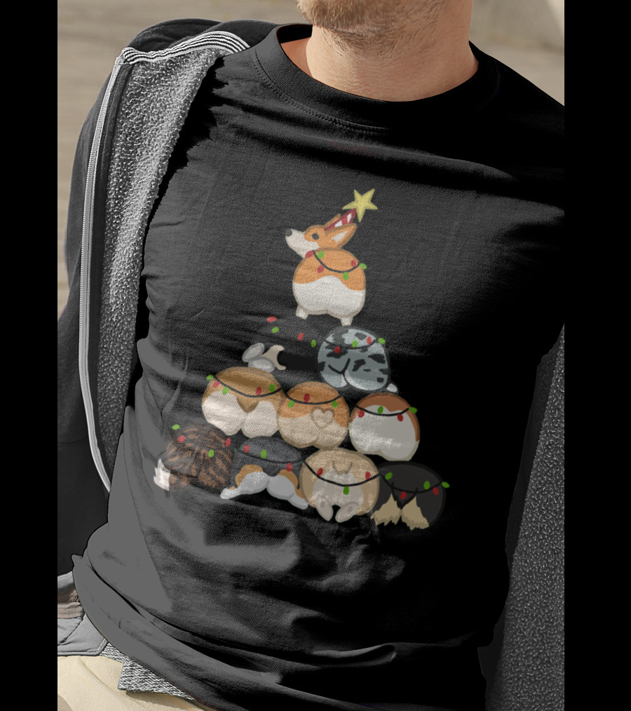 Corgi Butt Christmas Tree With Festive Lights And Star Topper T-Shirt