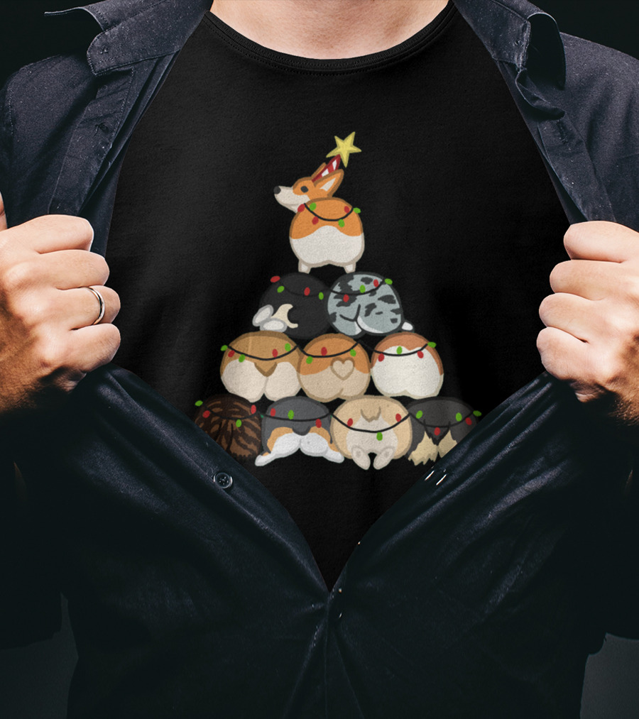 Corgi Butt Christmas Tree With Festive Lights And Star Topper T-Shirt