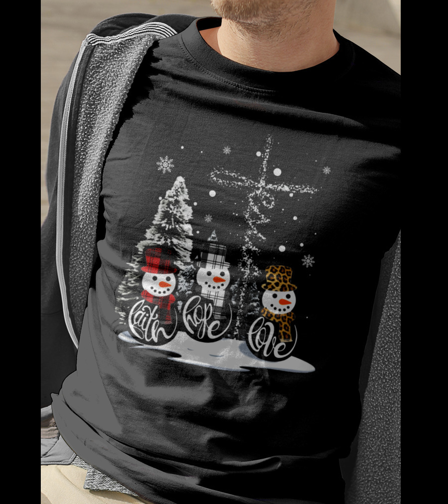 Faith Hope Love Snowmen Jesus Christmas Leopard Plaid T-Shirt
