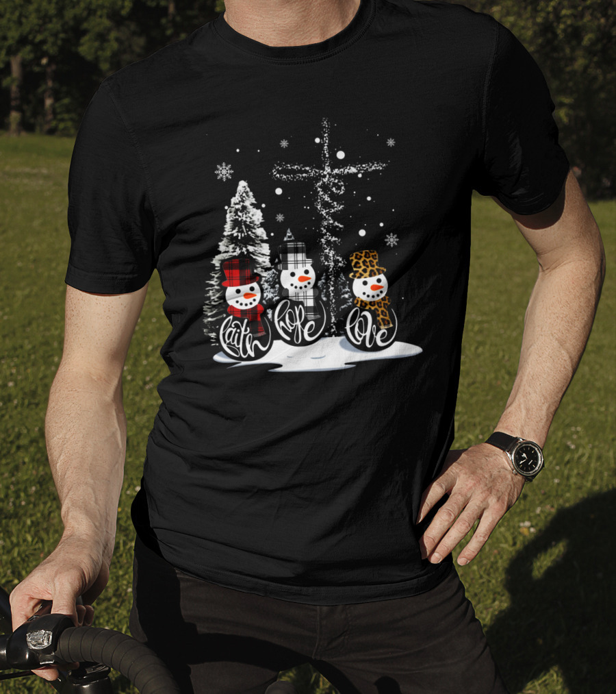 Faith Hope Love Snowmen Jesus Christmas Leopard Plaid T-Shirt
