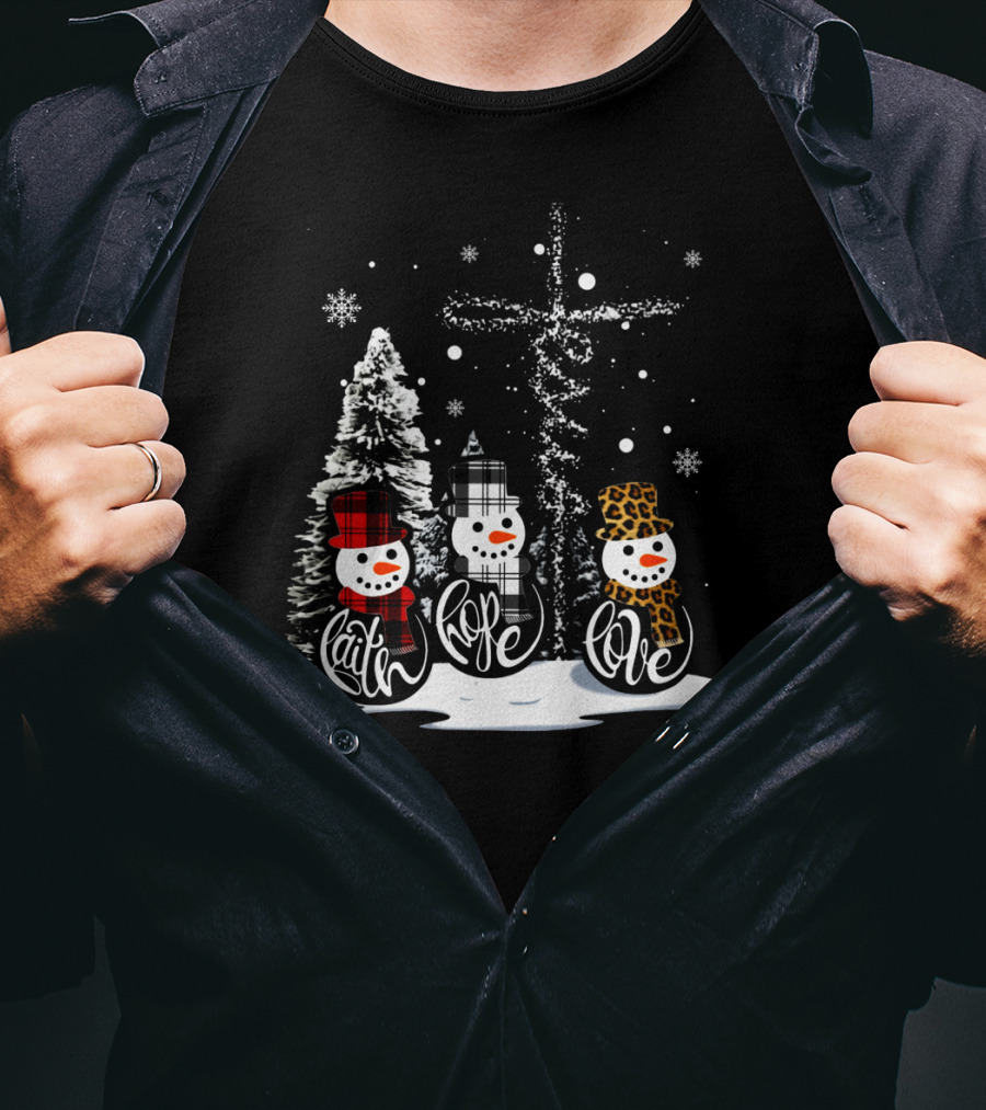 Faith Hope Love Snowmen Jesus Christmas Leopard Plaid T-Shirt