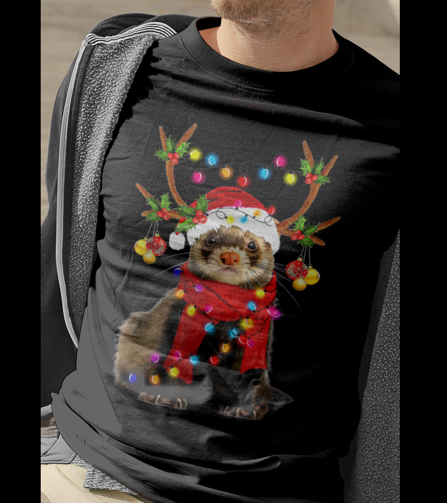 Ferret Santa Reindeer Christmas Lights T-Shirt