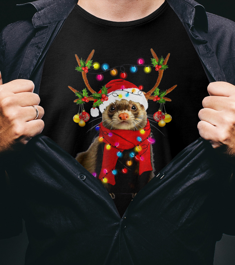 Ferret Santa Reindeer Christmas Lights T-Shirt