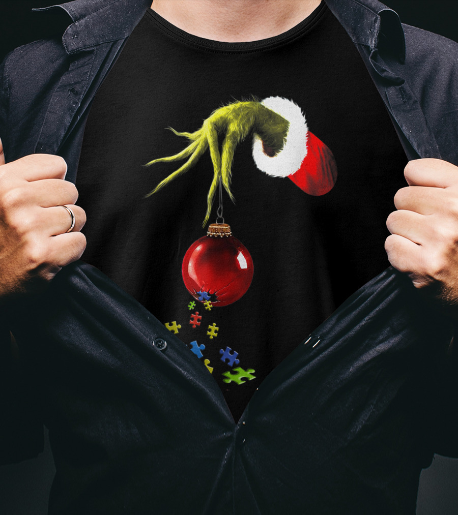 Grinch Hand Holding Red Ornament With Autism Puzzle Pieces T-Shirt