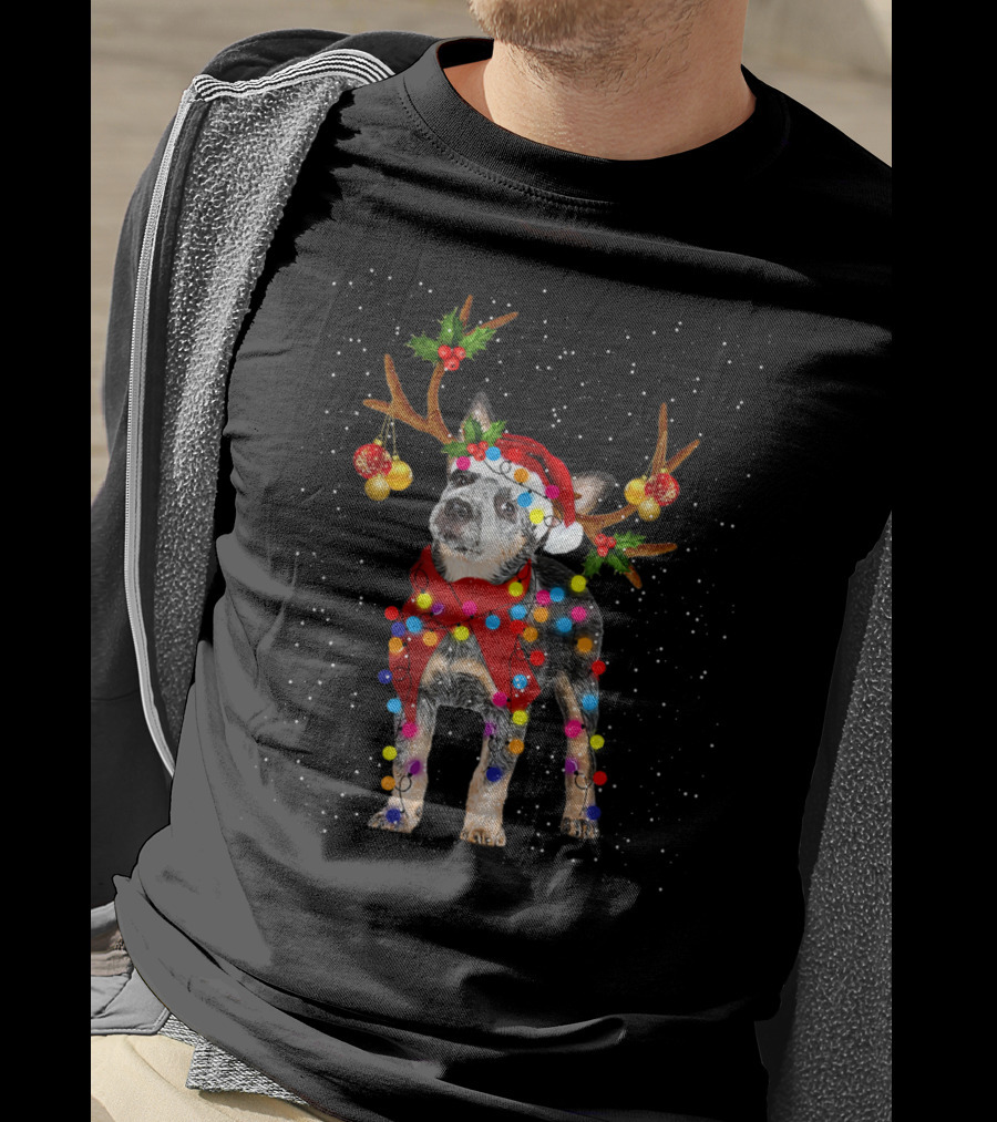 Heeler Dog In Santa Hat With Reindeer Antlers Christmas Lights Snowflakes T-Shirt