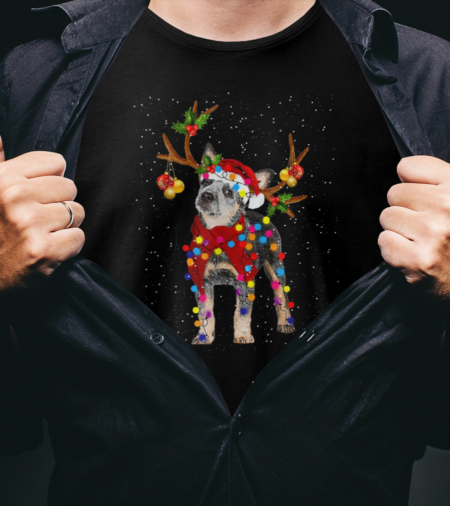 Heeler Dog In Santa Hat With Reindeer Antlers Christmas Lights Snowflakes T-Shirt