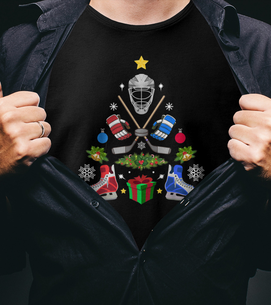 Ice Hockey Christmas Tree Ornaments With Helmets Skates And Sticks T-Shirt