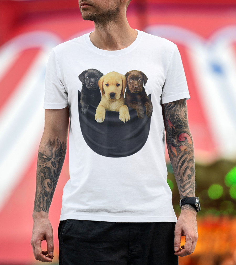 Labrador Retriever Puppy Trio In Big Black Pocket Dog T-Shirt