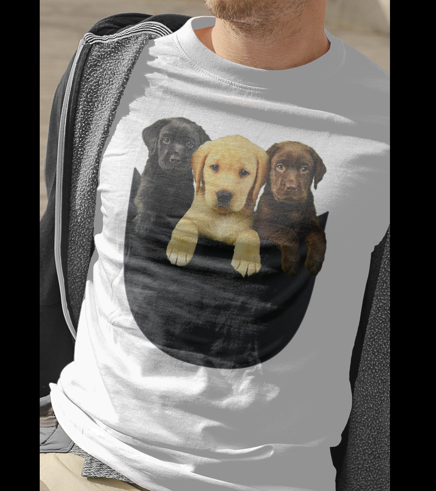 Labrador Retriever Puppy Trio In Big Black Pocket Dog T-Shirt