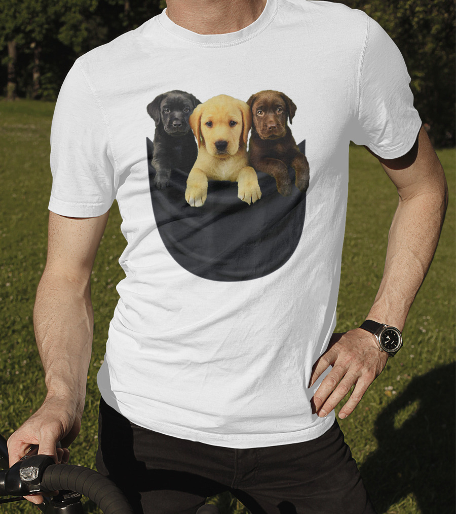 Labrador Retriever Puppy Trio In Big Black Pocket Dog T-Shirt