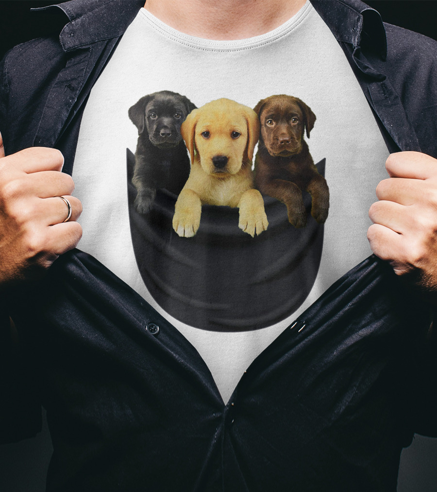 Labrador Retriever Puppy Trio In Big Black Pocket Dog T-Shirt