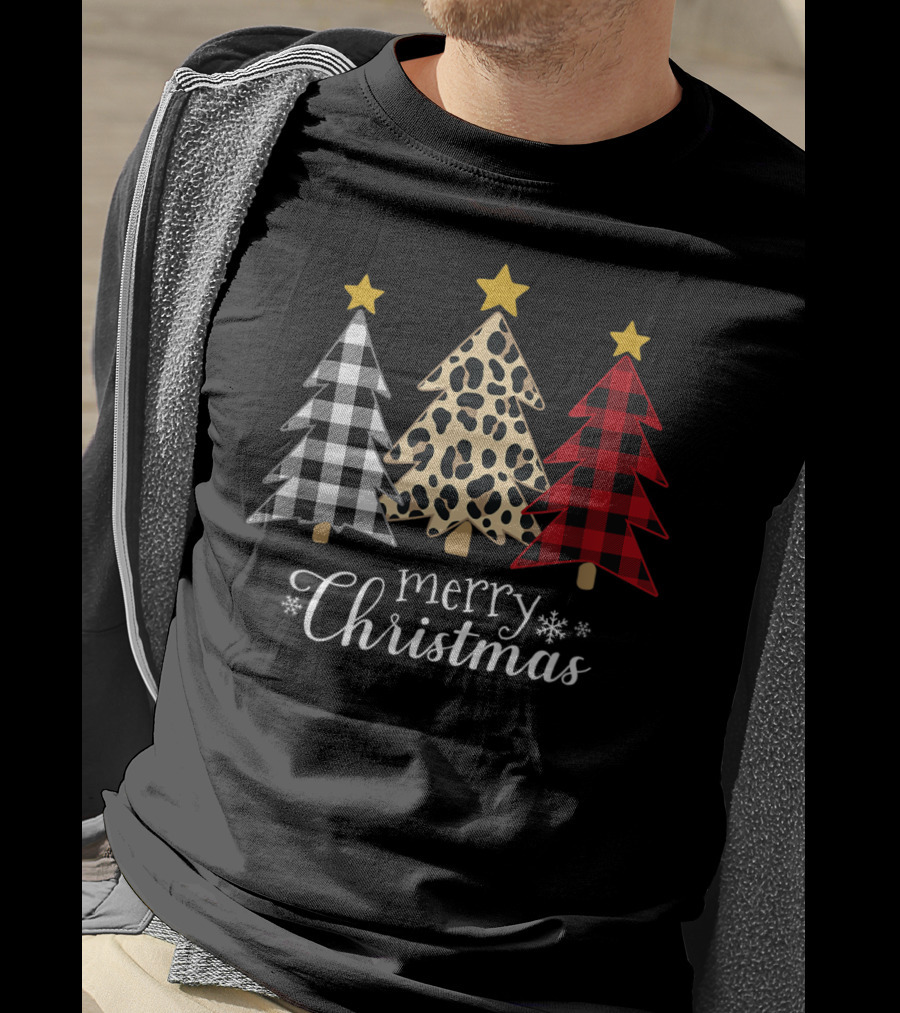 Merry Christmas Buffalo Plaid And Leopard Print Xmas Trees T-Shirt