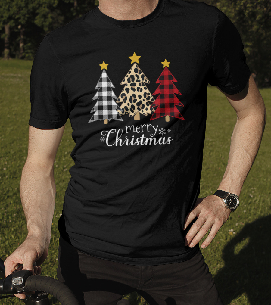 Merry Christmas Buffalo Plaid And Leopard Print Xmas Trees T-Shirt
