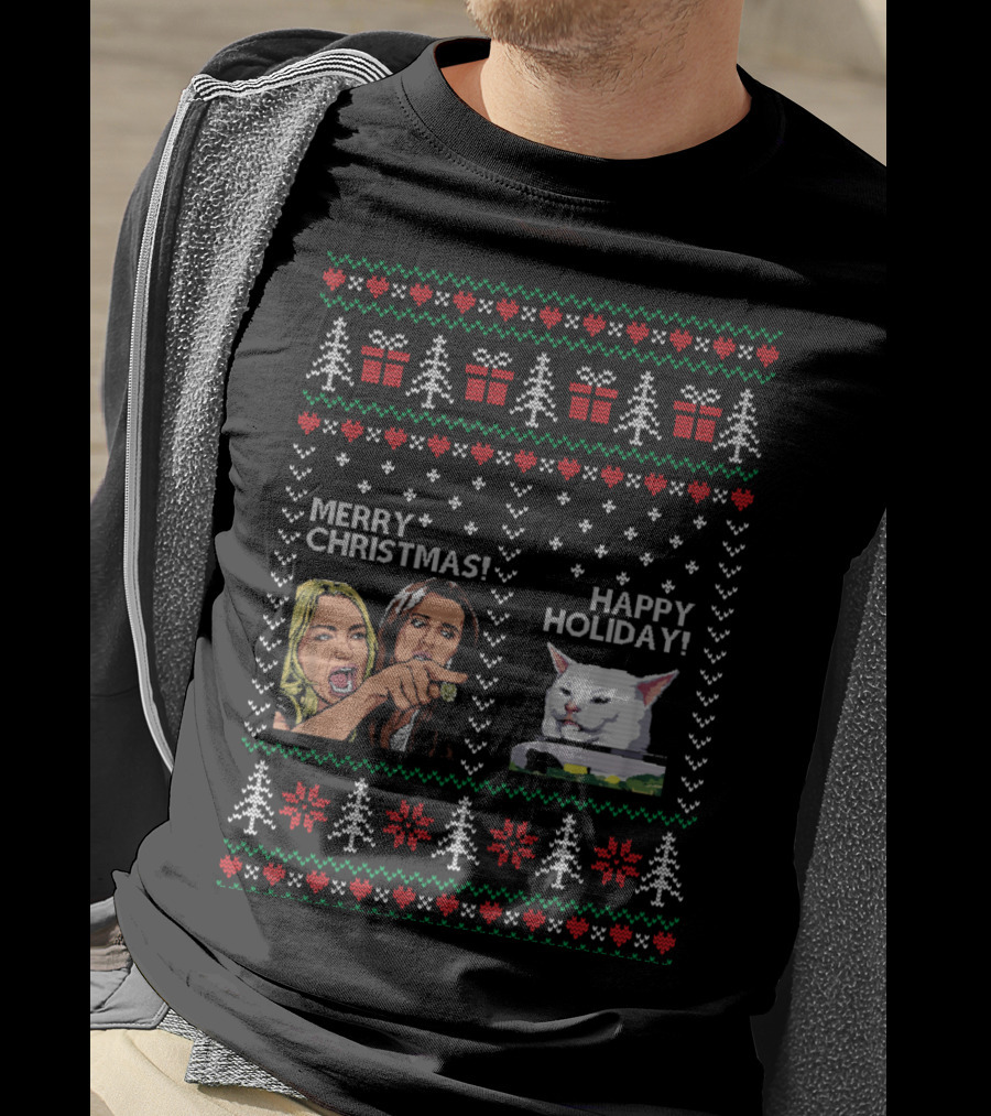 Merry Christmas Happy Holiday Woman Yelling Confused Cat Meme Christmas Trees Gifts Snowflakes T-Shirt