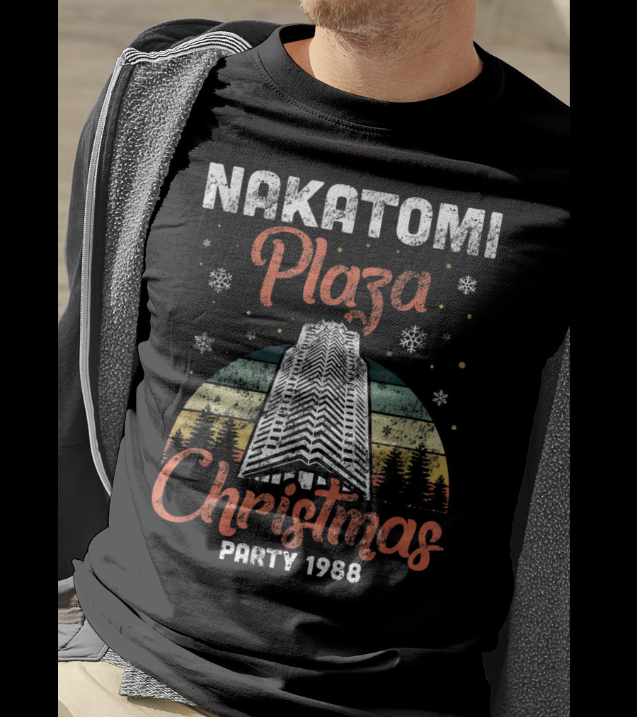 Nakatomi Plaza Christmas Party 1988 Holiday Retro Snowflakes Forest Scene T-Shirt