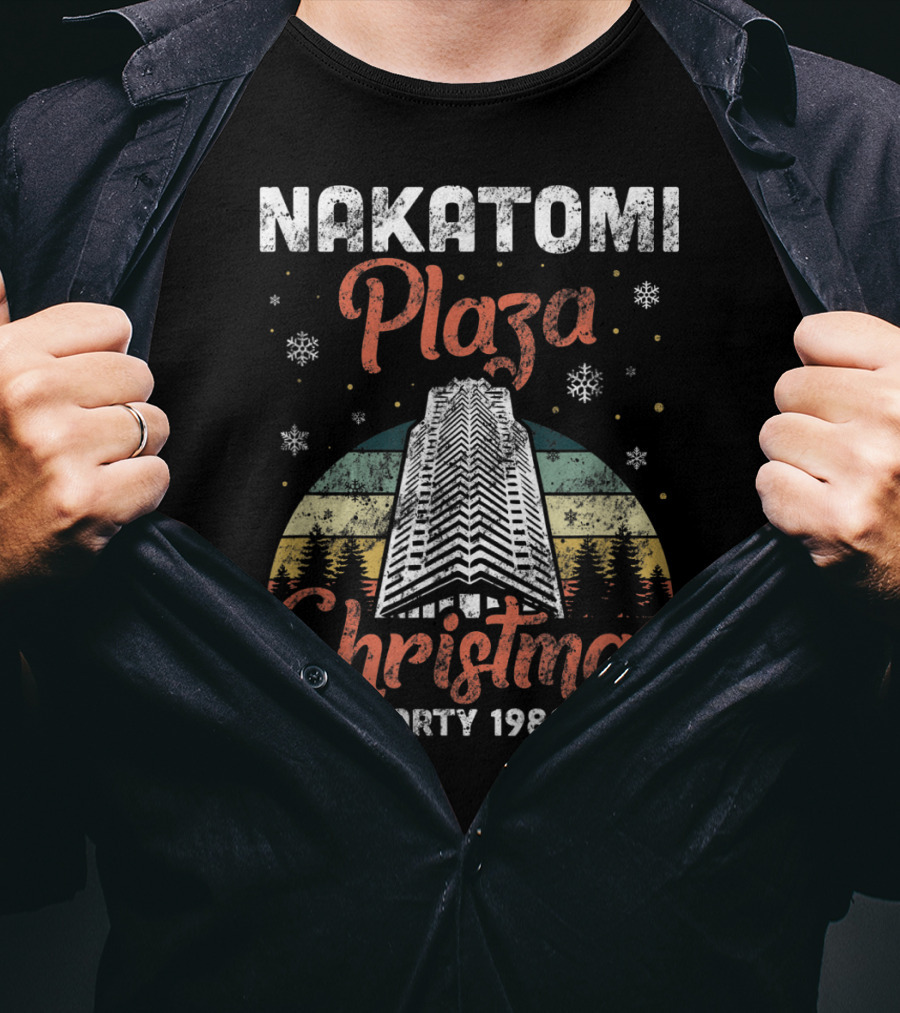 Nakatomi Plaza Christmas Party 1988 Holiday Retro Snowflakes Forest Scene T-Shirt