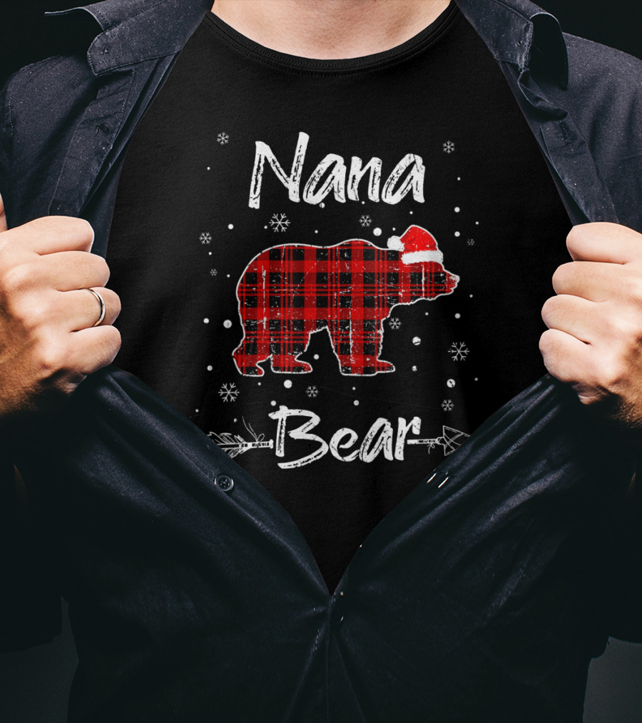 Nana Bear Christmas Red Plaid Santa Hat Snowflakes Arrow T-Shirt