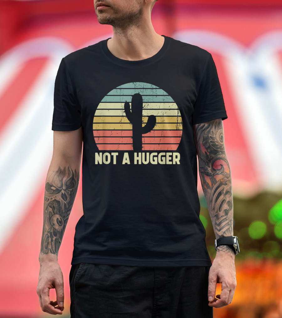 Not A Hugger Cactus Retro Sunset Sarcastic Introvert T-Shirt