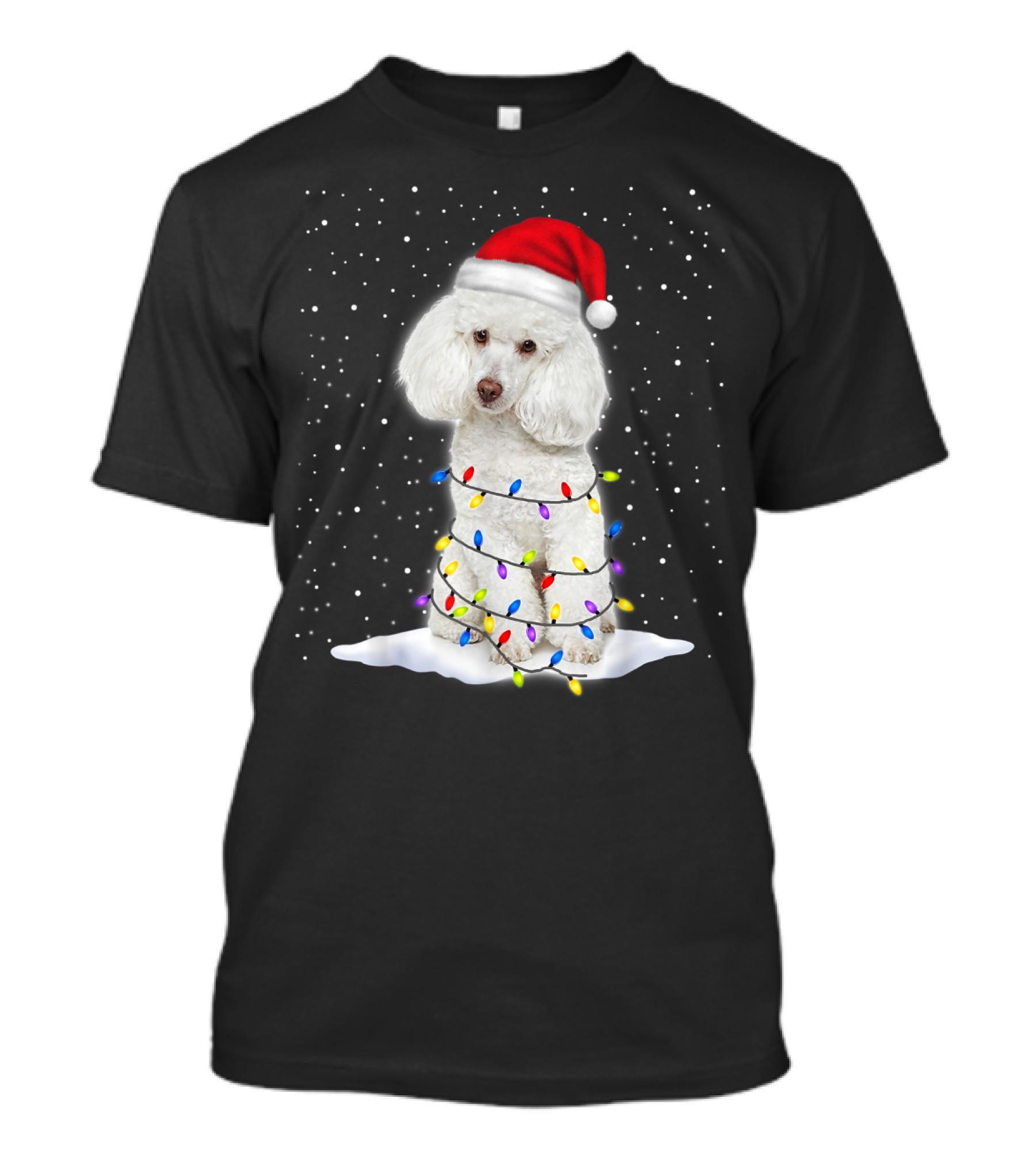 Poodle Santa Christmas Tree Decor With Colorful String Lights Snowfall T-Shirt