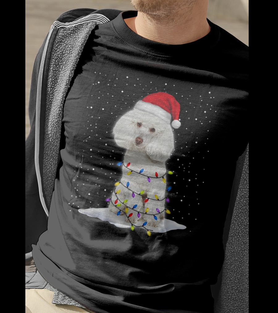 Poodle Santa Christmas Tree Decor With Colorful String Lights Snowfall T-Shirt