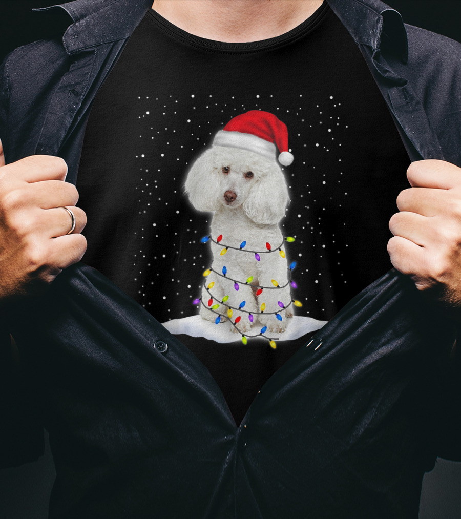 Poodle Santa Christmas Tree Decor With Colorful String Lights Snowfall T-Shirt