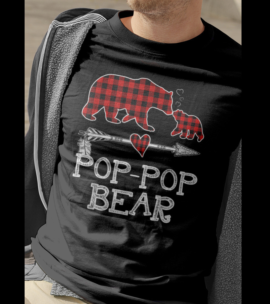 Pop Pop Bear Red Plaid Buffalo Christmas Hearts Arrow T-Shirt