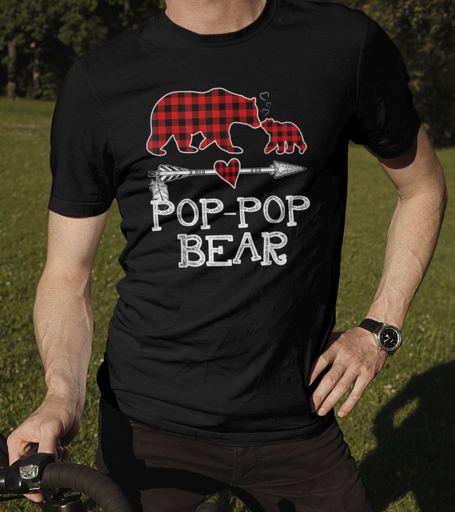 Pop Pop Bear Red Plaid Buffalo Christmas Hearts Arrow T-Shirt