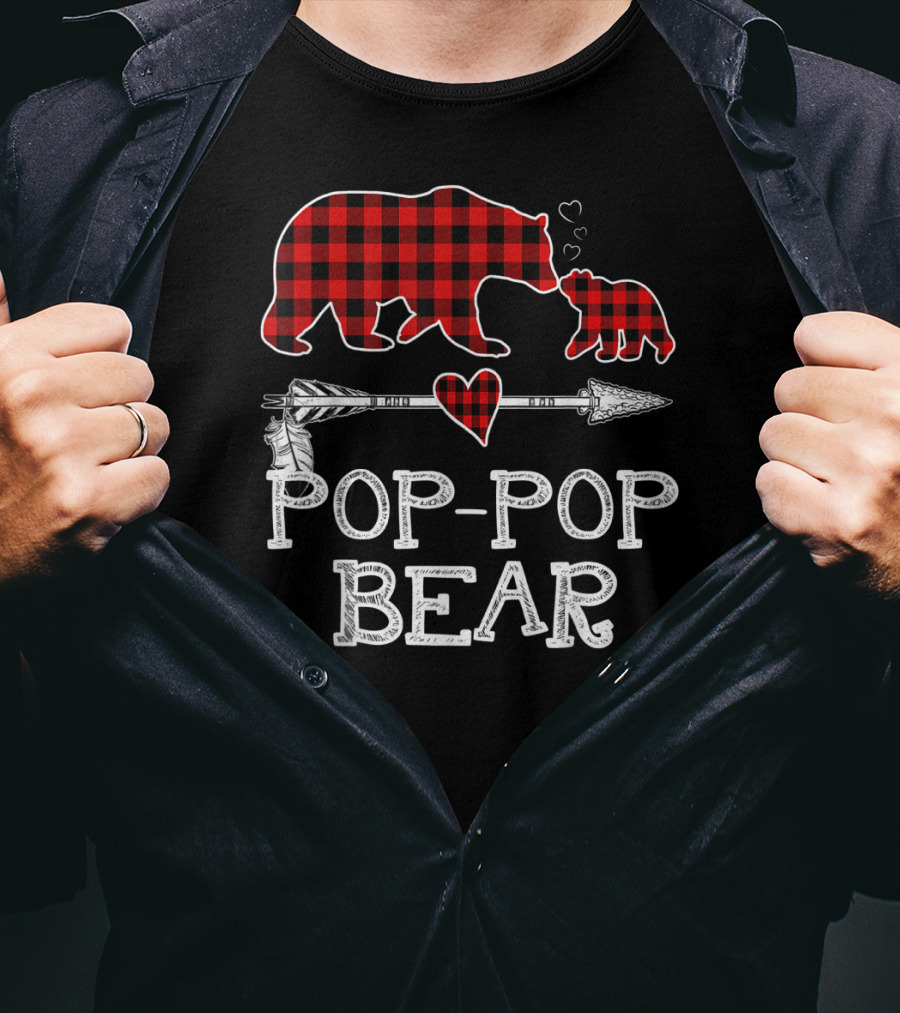 Pop Pop Bear Red Plaid Buffalo Christmas Hearts Arrow T-Shirt