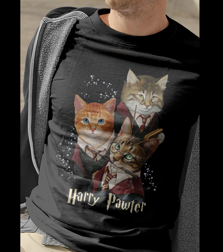 Harry Pawter Cats In Wizard Robes With Wands And Glasses T-Shirt