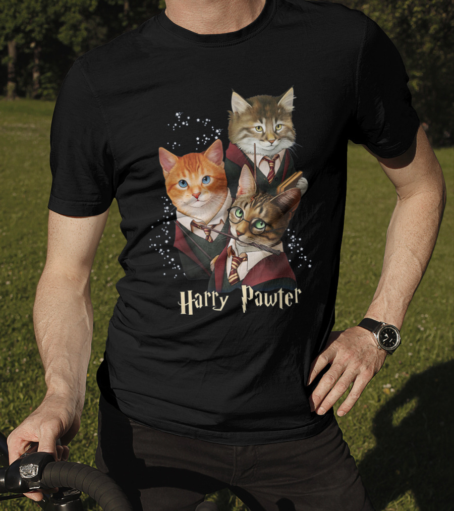 Harry Pawter Cats In Wizard Robes With Wands And Glasses T-Shirt