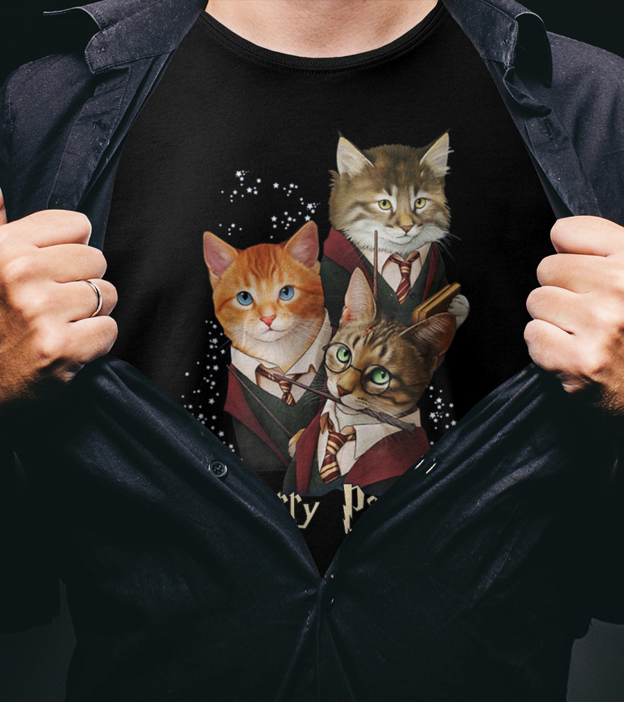 Harry Pawter Cats In Wizard Robes With Wands And Glasses T-Shirt