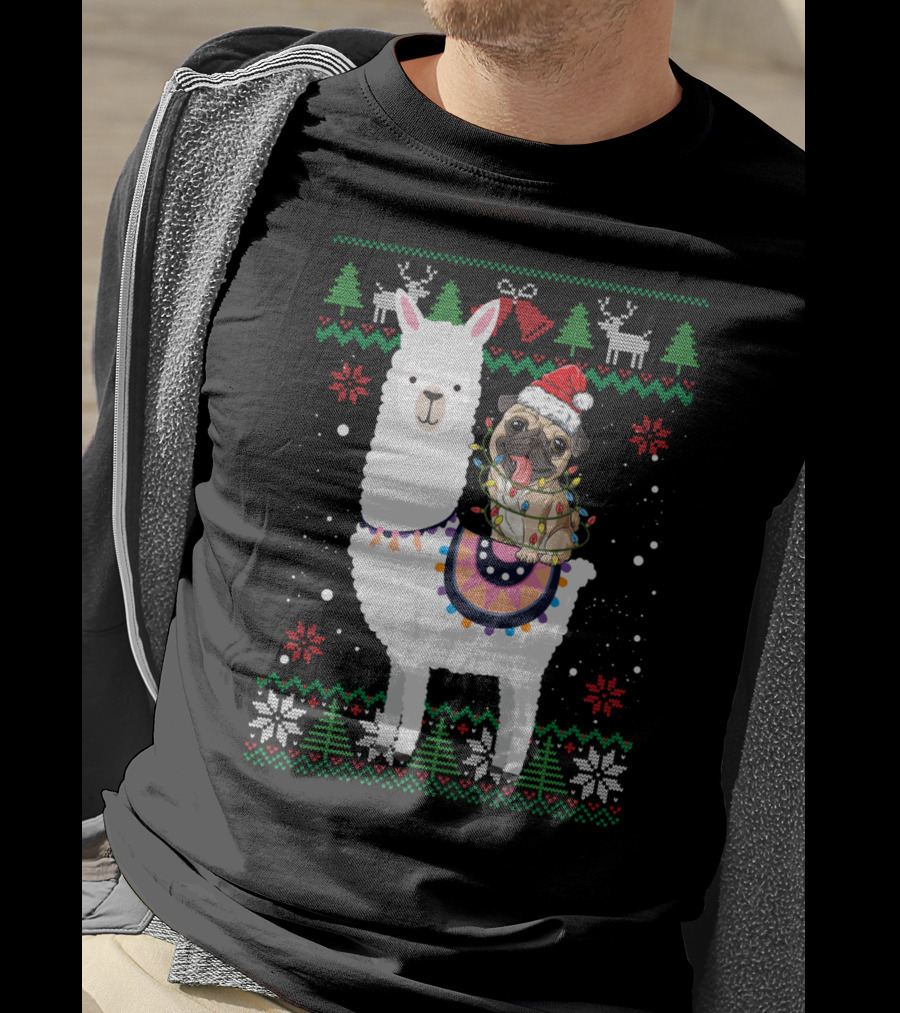 Christmas Pug Riding Llama With Santa Hat And Lights T-Shirt