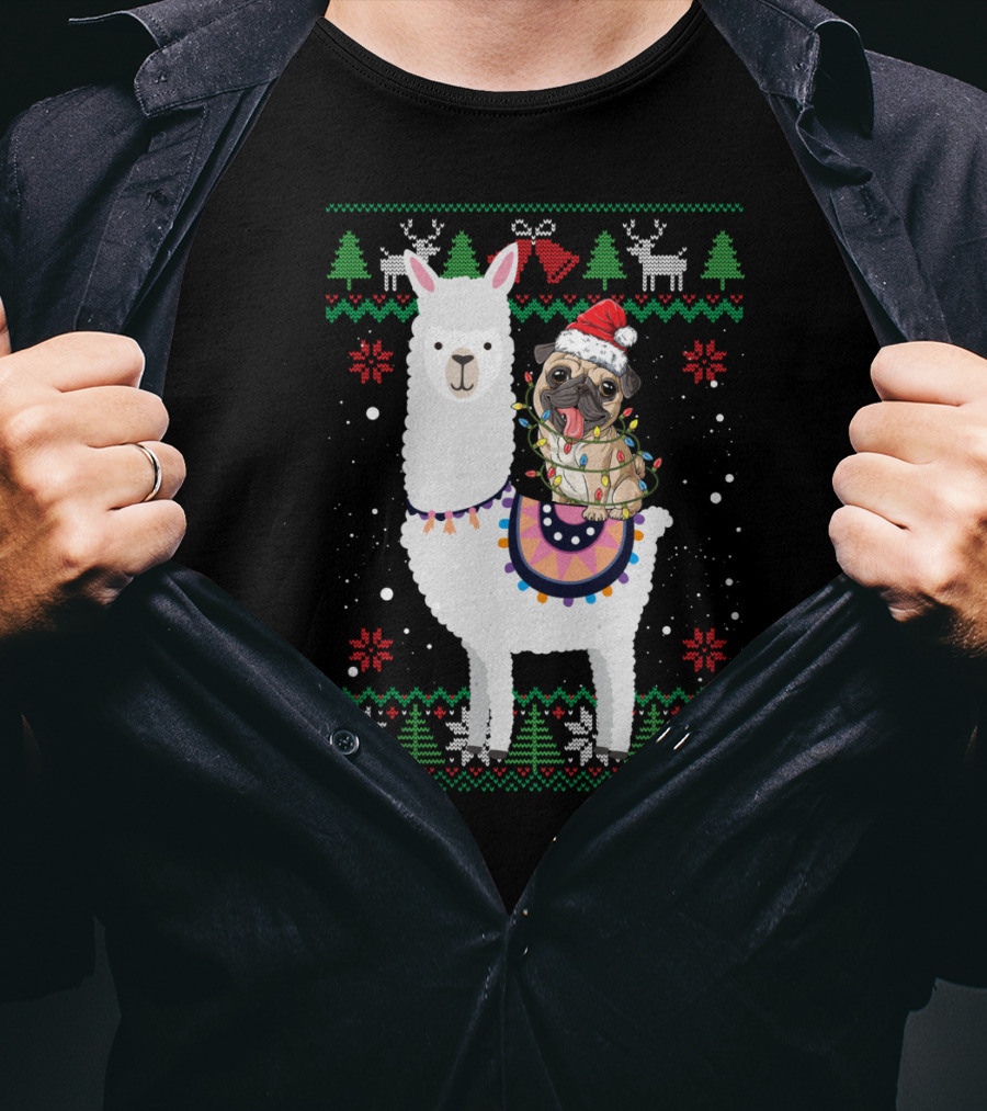 Christmas Pug Riding Llama With Santa Hat And Lights T-Shirt