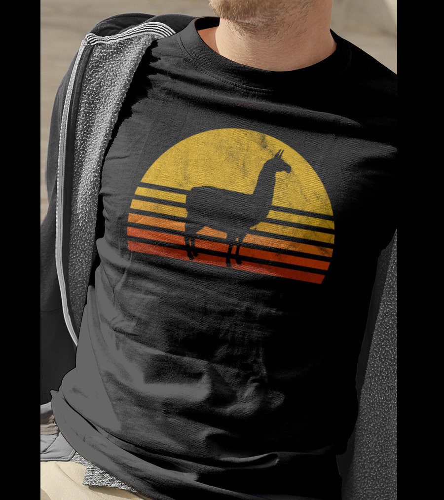 Retro Llama Silhouette Against Sunset Colors T-Shirt