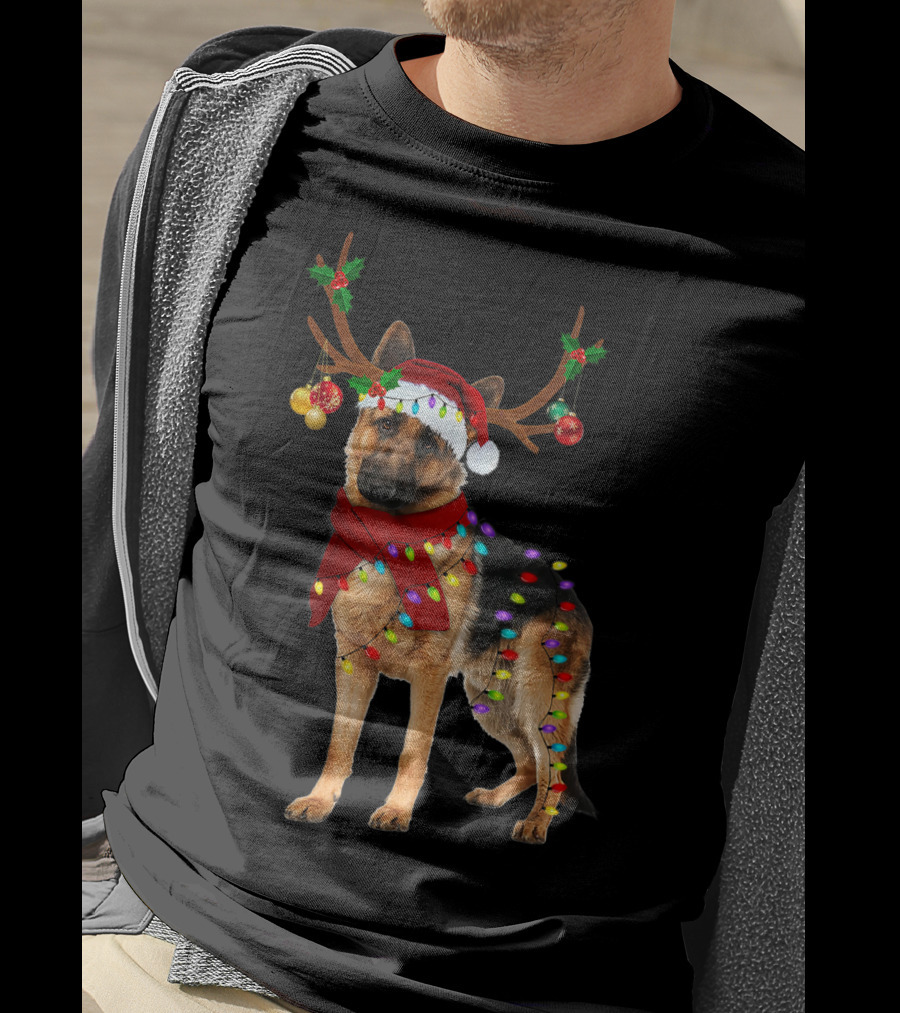 Santa German Shepherd Reindeer Antlers Christmas Lights T-Shirt