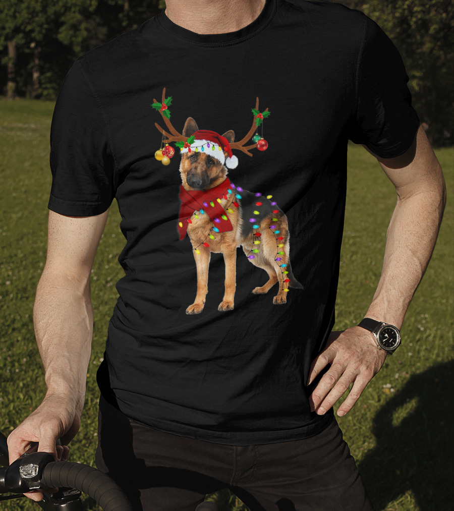 Santa German Shepherd Reindeer Antlers Christmas Lights T-Shirt