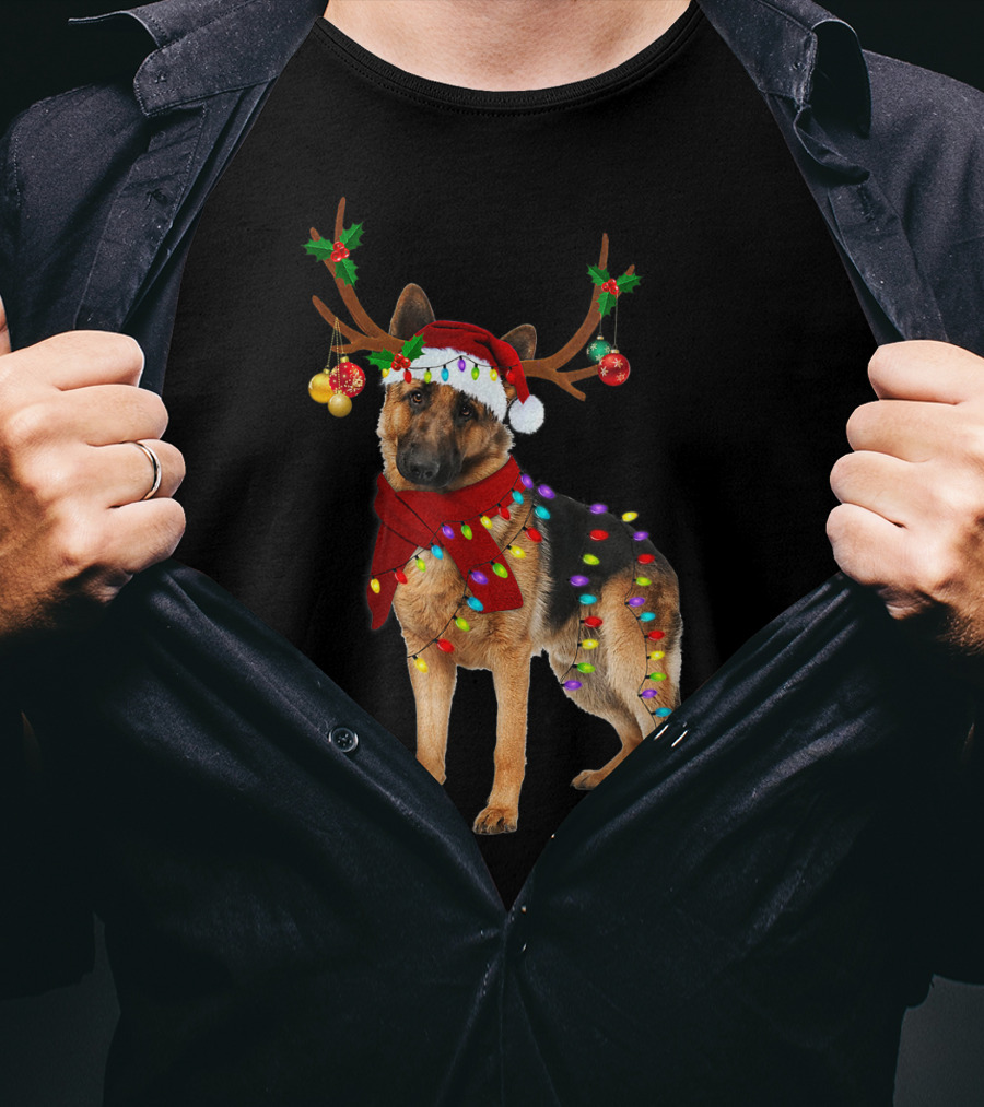 Santa German Shepherd Reindeer Antlers Christmas Lights T-Shirt