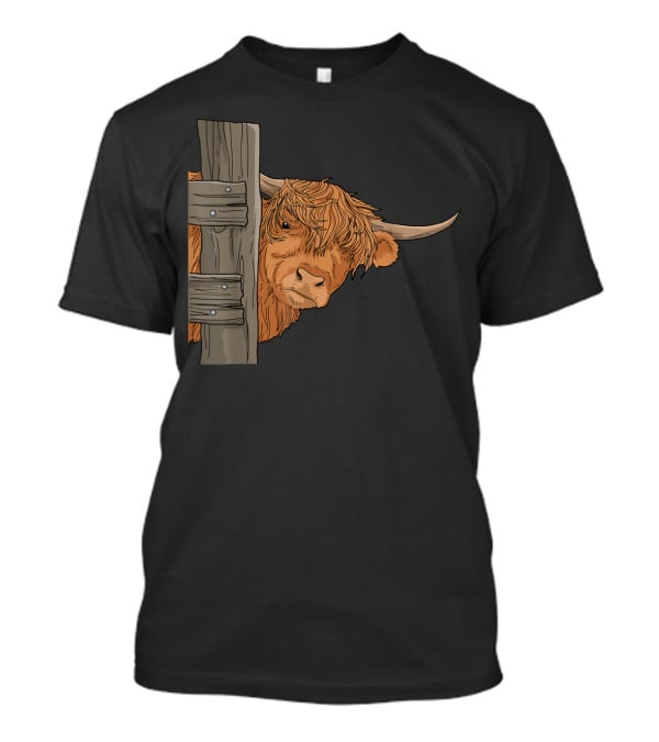 Scottish Highland Cow Spirit Animal Peeking Behind Wooden Fence T-Shirt