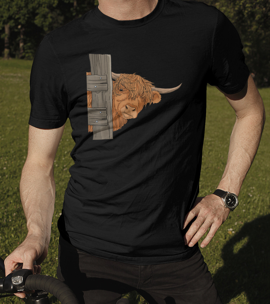 Scottish Highland Cow Spirit Animal Peeking Behind Wooden Fence T-Shirt
