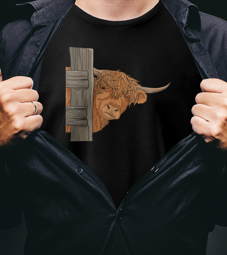 Scottish Highland Cow Spirit Animal Peeking Behind Wooden Fence T-Shirt