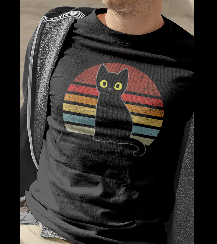 Vintage Retro Stripes Black Cat Kitty Kitten T-Shirt