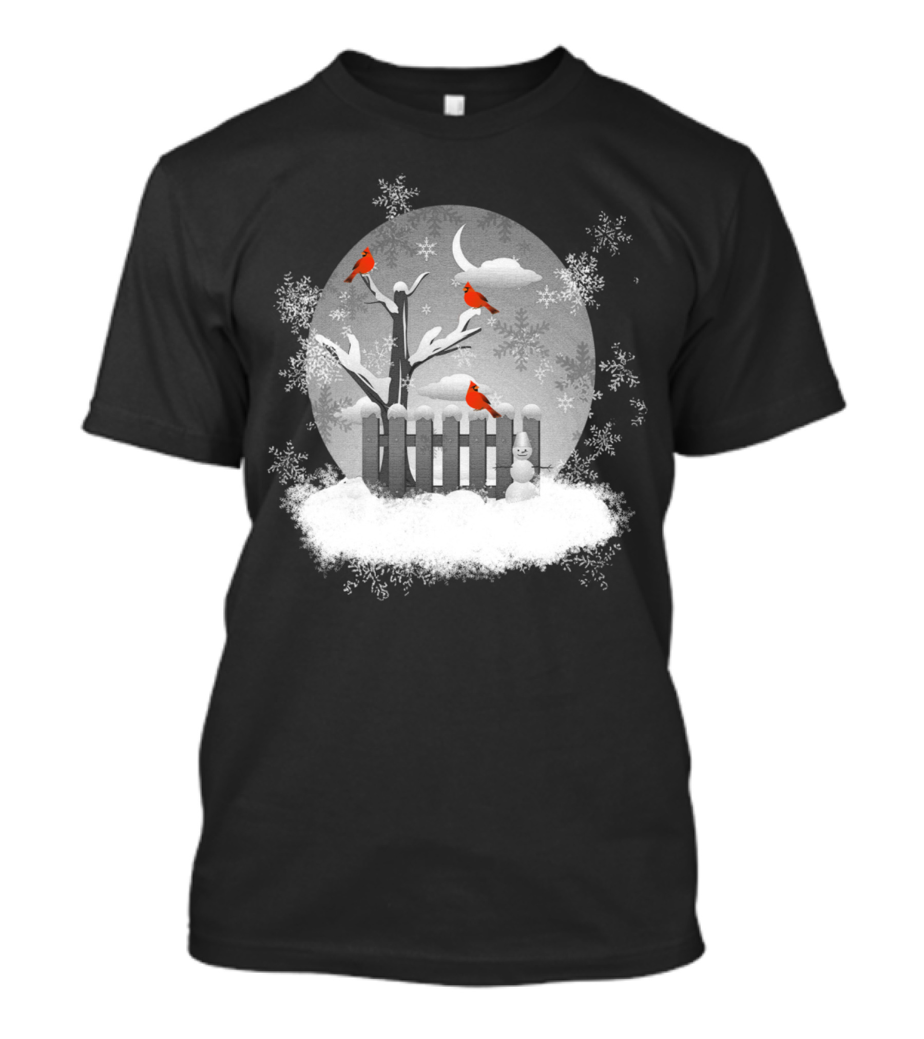 Red Cardinals On Snowy Winter Night With Snowflakes And Moon Scene T-Shirt