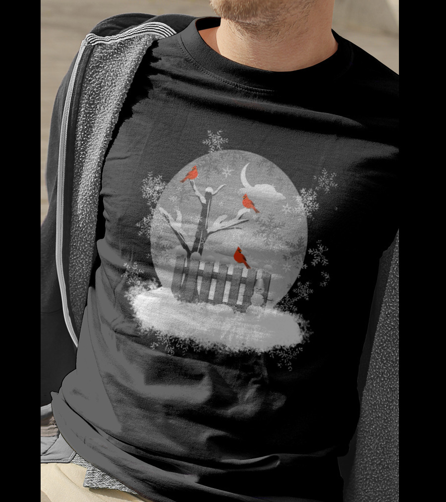 Red Cardinals On Snowy Winter Night With Snowflakes And Moon Scene T-Shirt