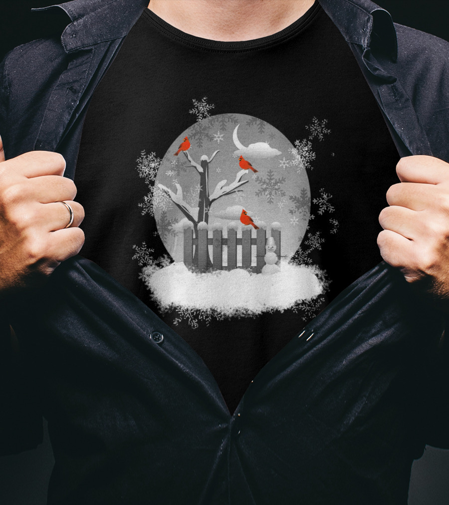 Red Cardinals On Snowy Winter Night With Snowflakes And Moon Scene T-Shirt