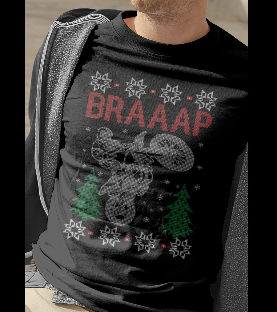 BRAAAP Motorcycle Biker Christmas Ugly Sweater Style Design Snowflakes Trees T-Shirt