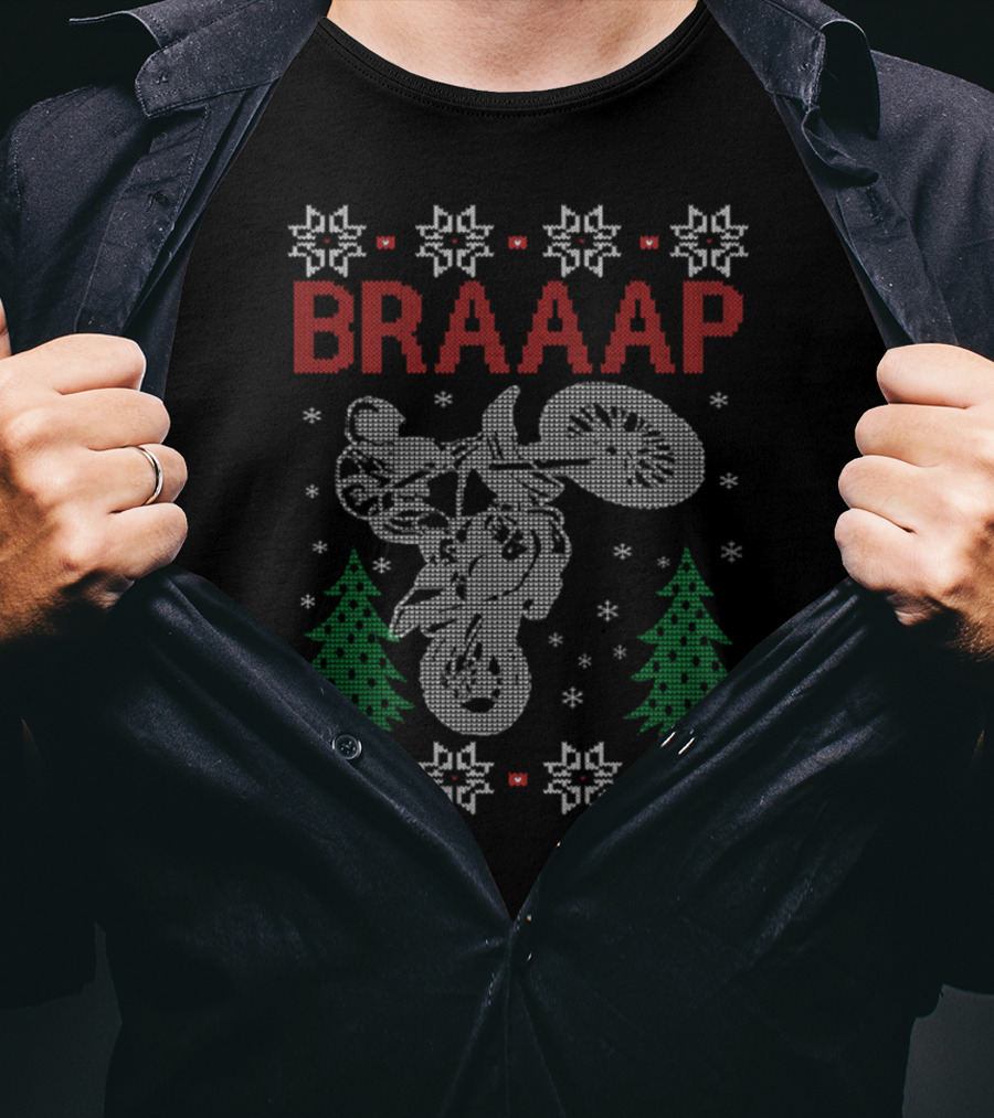 BRAAAP Motorcycle Biker Christmas Ugly Sweater Style Design Snowflakes Trees T-Shirt